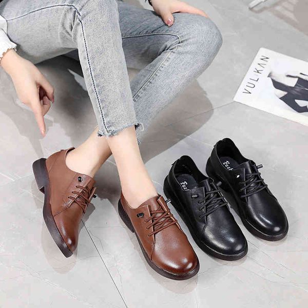 

dress shoes spring and autumn leather soft sole lace up shoes women's flat large mother's rub color round head single w12q, Black