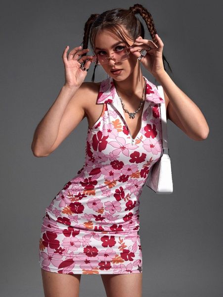 

floral print polo neck bodycon dress j9e9#, Black;gray