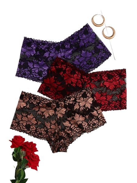 

plus 3pack floral lace boyshorts d8au#, Black;white