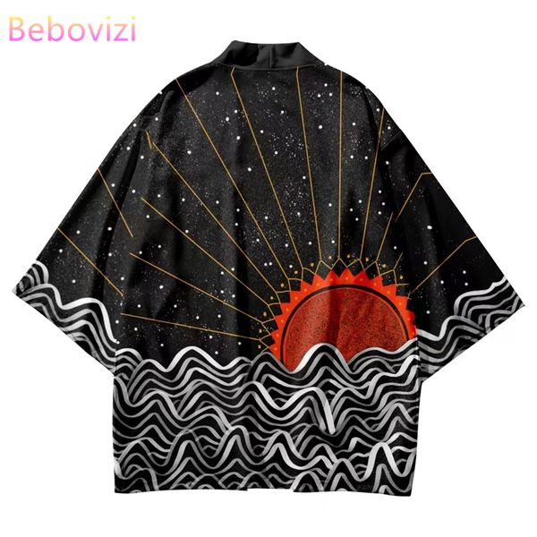 

harajuku japanese sun print yukata kimono streetwear traditional cosplay cardigan black haori men samurai oversized clothes, Red