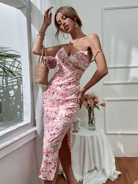 

allover floral print split thigh cami dress o3rh#, Black;gray