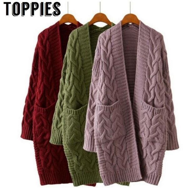 

2019 winter women oversize knitting long cardigan with pockets loose causal twist knit sweaters coat t200319, White;black