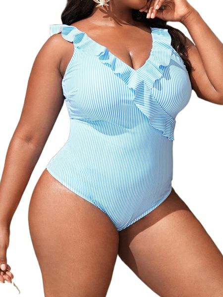 

plus vertical striped ruffle trim one piece swimsuit k8t1#, White;black