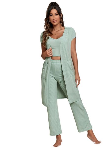 

3pcs ribbed knit pocket patched lounge set a9hd#, Black;red