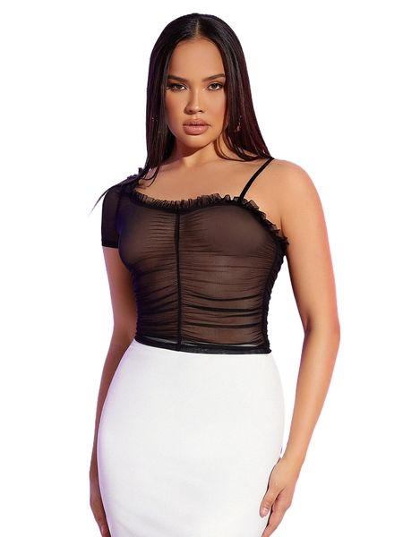 

asymmetrical shoulder frill trim mesh e6e4#, White