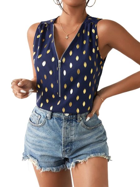 

polka dot print half zip tank c5i3#, White