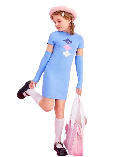 

girls geo print rib-knit dress with gloves s1pf#, Black;white