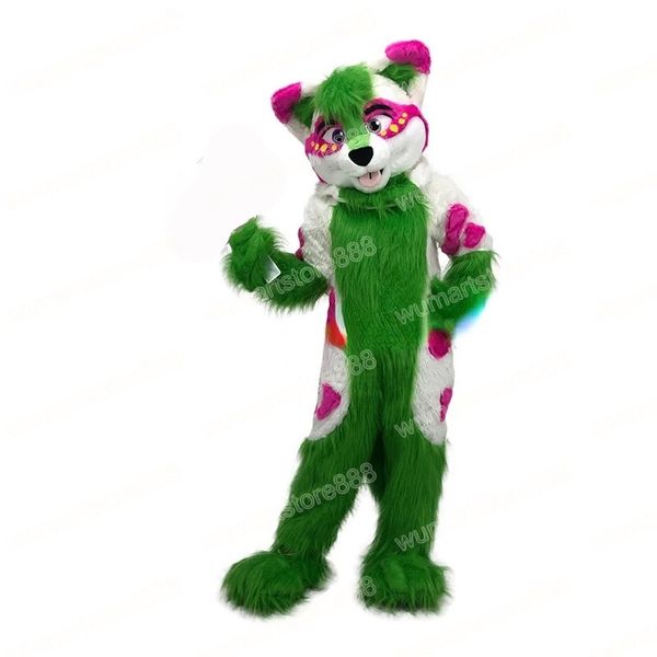 Costume della mascotte del cane Husky verde di Halloween Cartone animato Fursuit Tema Personaggio Festival di carnevale Vestito operato Taglia per adulti Vestito da festa all'aperto di Natale