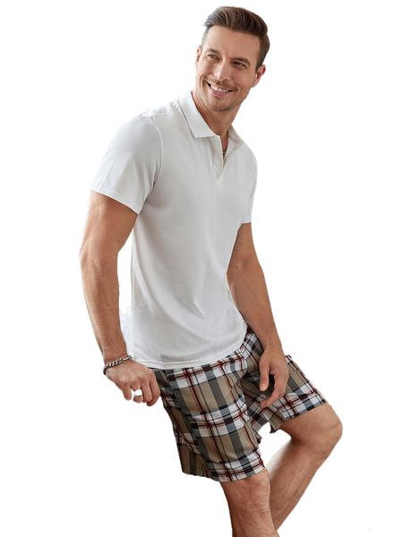 

men solid polo shirt & plaid print shorts j25w#, Gray