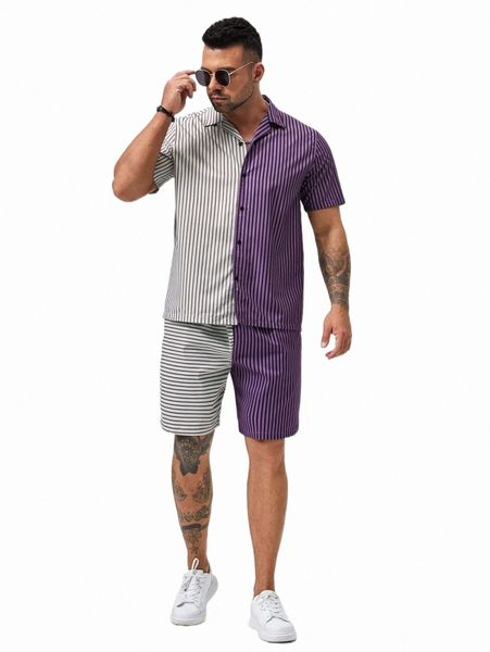 

extended sizes men vertical striped two tone shirt & drawstring waist shorts v6pq#, Gray