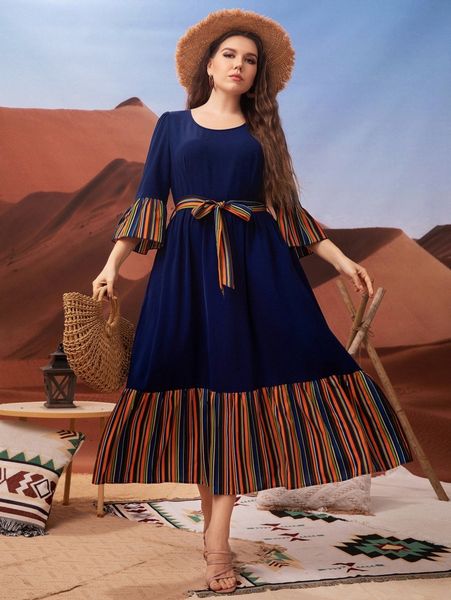 

plus contrast block striped flounce sleeve belted dress y83p#, Black