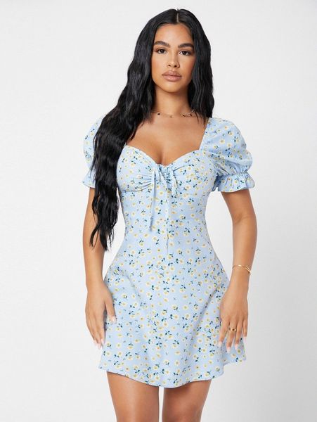 

petite ditsy floral flounce sleeve ruched knot bust dress 78l7#, Black;gray