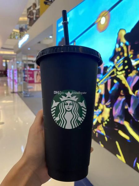 

starbucks 24oz/710ml plastic tumbler reusable black drinking flat bottom cup pillar shape lid straw mug