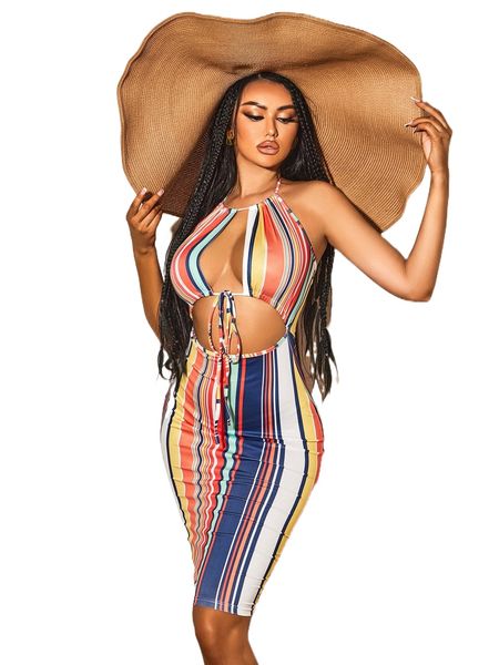 

sxy colorful striped cut out tie front halter neck bodycon dress u0mb#, Black;gray