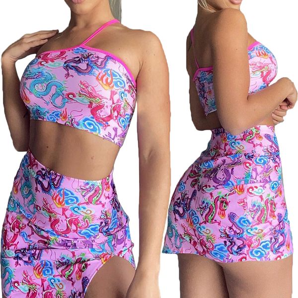 

work dresses summer chinese dragon print skirt sets women's one shoulder crop slit short skirt suit two piece set, White;black