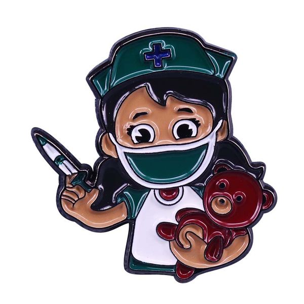 

little nurse gives an injection to bear enamel pin kids doctor nurse gift brooch, Blue