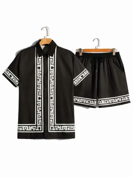 

romwe guys geo pattern button front shirt & drawstring shorts 50kd#, Gray