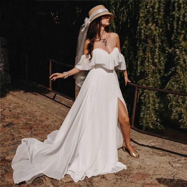 

high slit chiffon bohemian wedding dress off shoulder backless summer beach bridal gowns a line flowly white wedding dresses simple robe de