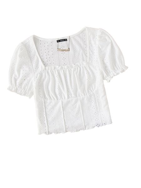 

plus eyelet embroidery frill puff sleeve lettuce trim tee t5ir#, Black