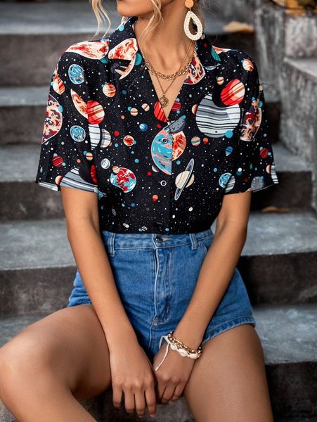 

planet print button front blouse q3a4#, White