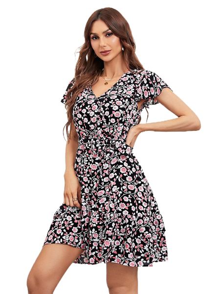 

allover floral print layered hem belted dress r77m#, Black;gray