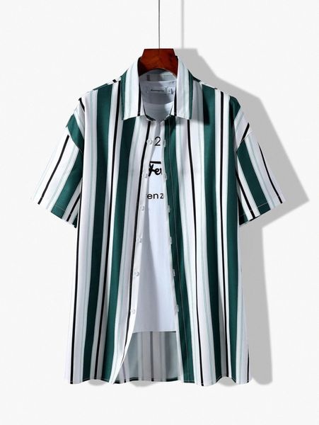 

men random vertical striped drop shoulder shirt without tee e06g#, White;black