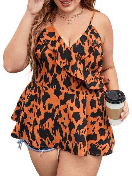 

plus allover print ruffle trim wrap knot side cami q04h#, Black