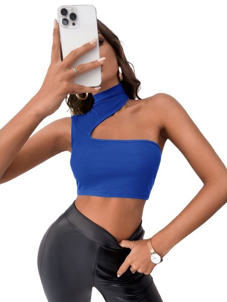 

asymmetrical neck ribbed knit crop 06zi#, White