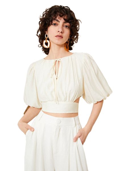 

tie neck puff sleeve cutout waist crop k2l5#, White