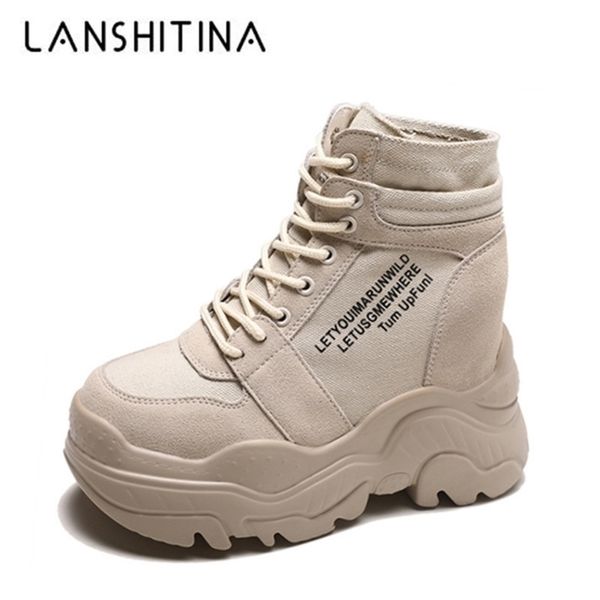 

new autumn boots women high platform sneakers 12cm height increasing ankle boots thick sole breathable canvas shoes woman 201105, Black