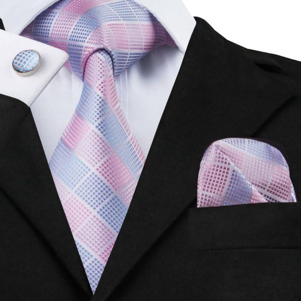 Галстуки-бабочки C-1198 модный шелк шелк жаккардовый галстук светло-голубые розовые клетки хэкки-запонки, установленные для мужчин, деловая свадьба, свадебная вечеринка