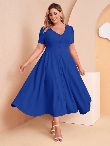 

plus v-neck button front solid dress 66so#, Black