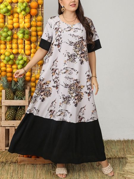 

plus colorblock floral print maxi dress n4ck#, Black