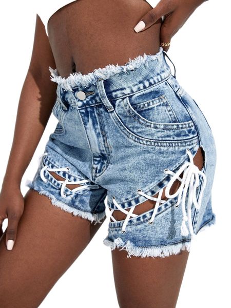 

sxy frayed trim grommet lace up front denim shorts t0lu#, White;black