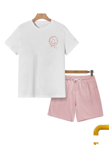 

men cartoon graphic tee & drawstring waist shorts d0sw#, Gray