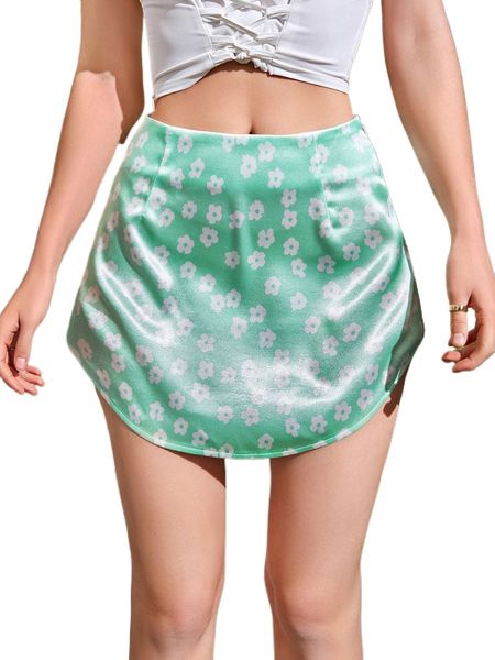 

allover floral print curved hem satin skirt z2bf#, Black