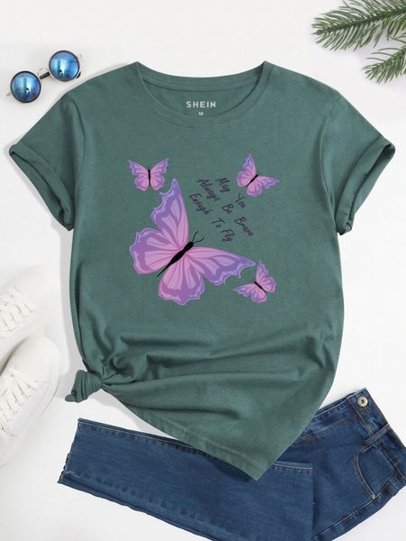 

butterfly & slogan graphic tee p96q#, White