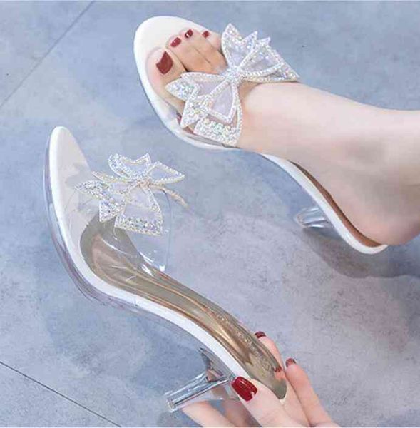 

sandals color diamond bow tie slippers women's stiletto pump summer middle high heel net red crystal transparent shoes kpaj 9iqd, Black