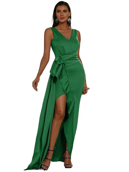 

missord slit thigh ruffle trim draped side satin formal dress i63f#, Black;gray