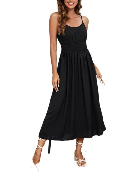 

solid shirred waist cami dress 46pa#, Black;gray