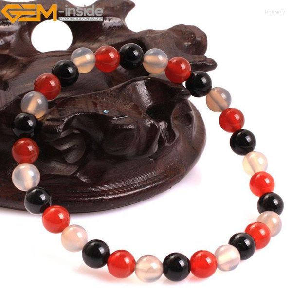 Fili di perline Gemma-all'interno Rotondo naturale Liscio Nero Grigio Agate rosse Bracciale elastico Mala Gioielli per uomo Donna Taglia selezionabile Perline Lars2