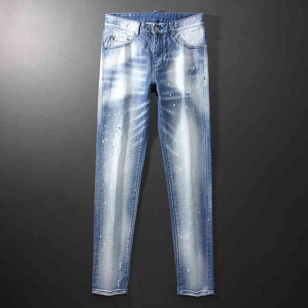 

men's jeans fashion fashion brand high-end men's jeans slim fit small feet casual and versatile bleached elastic speckled pants o0, Blue