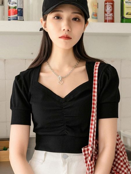 

dazy sweetheart neck puff sleeve rib-knit tee r8ik#, White