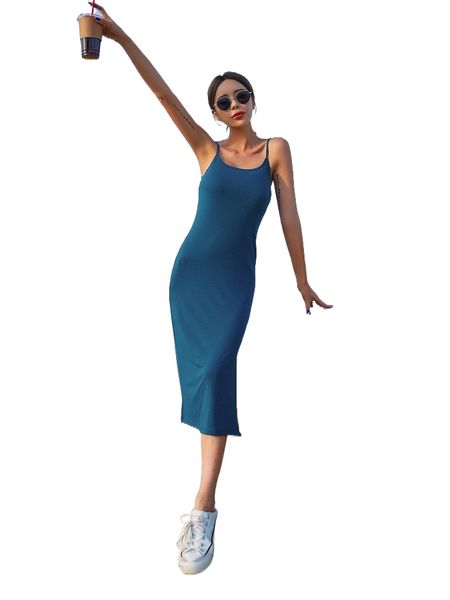 

dazy solid split thigh cami dress i7ia#, Black;gray