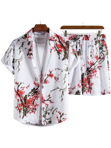 

men random floral print shirt & drawstring waist shorts without tee t6se#, Gray