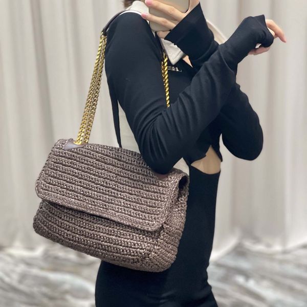 

luxury designer straw woven shoulder bag classic prevalent flap handbag women lafite grass chain crossbody bags woman large beach handbags