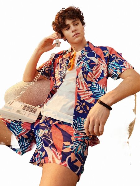 

romwe guys tropical print shirt & shorts y36g#, Gray