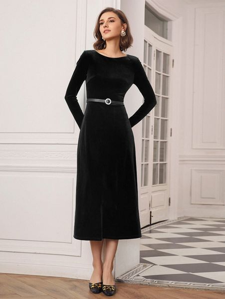 

motf premium velvet dress without belt k05d#, Black;gray