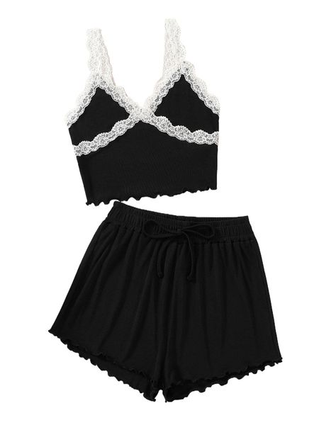 

lace insert lettuce trim cami & knot front shorts z8cc#, White