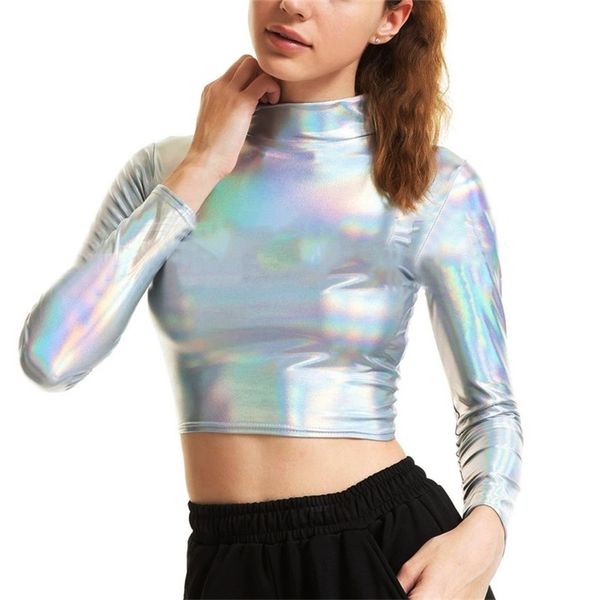 T-shirt olografica a collo alto a maniche lunghe da donna in metallo liquido metallizzato Top corto per camicia a collo alto da ballo Rave Club 210311